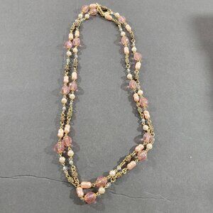 New York & Co Pink Beaded Necklace Gold Tone Faux Pearls Long 48" Fairy Cottage